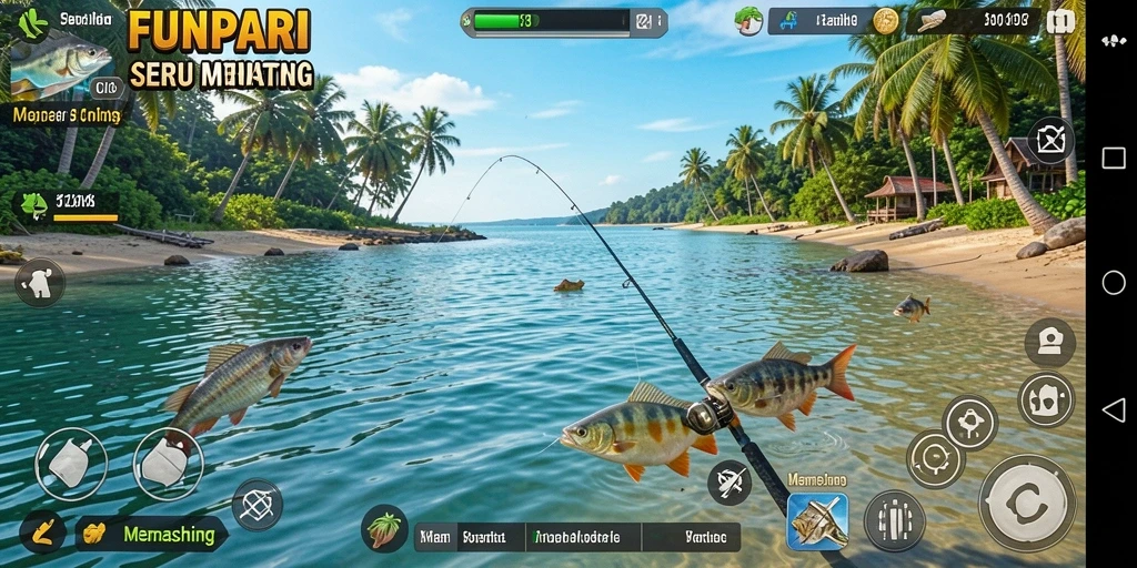 Screenshot antarmuka FUNPARI menampilkan momen memancing yang seru.