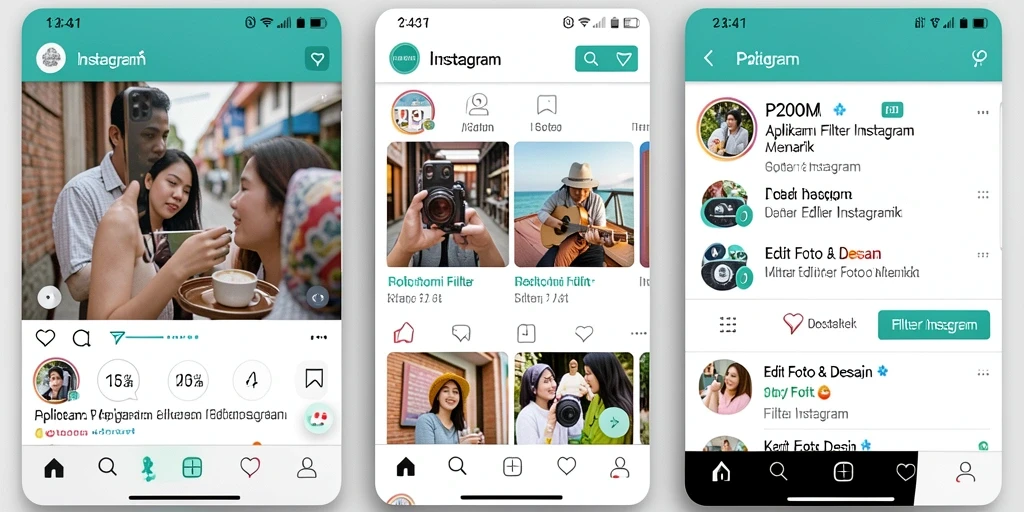 Antarmuka aplikasi P200M dengan fitur filter Instagram yang menarik.