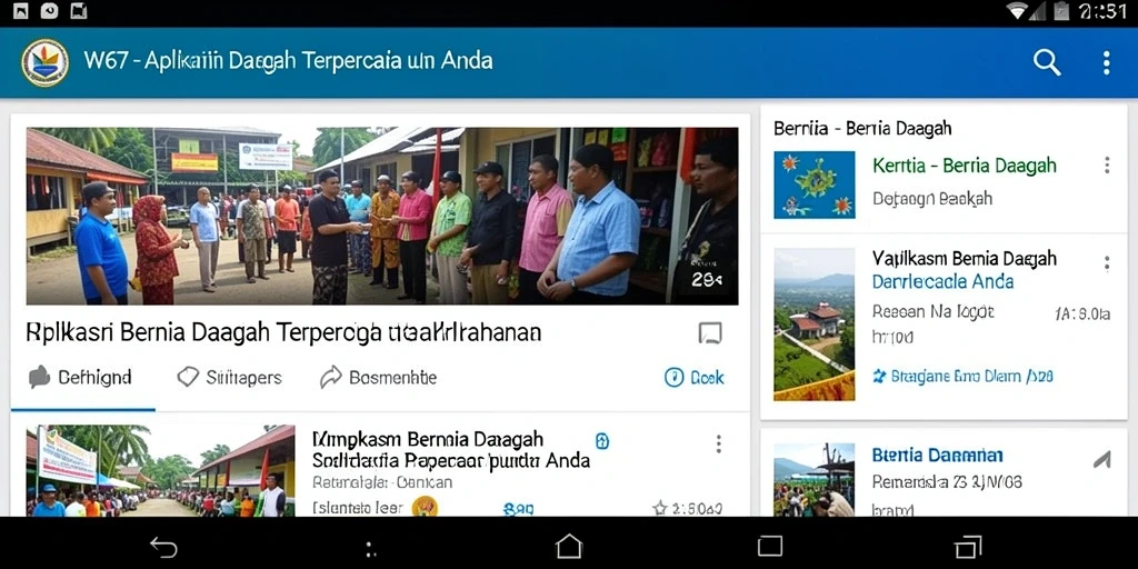 Antarmuka aplikasi W67 menampilkan berita daerah terkini dengan jelas.